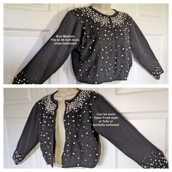 Express Tricot black sweater, White faux pearl trim Made British Crown Hong Kong - Picture 3 of 17